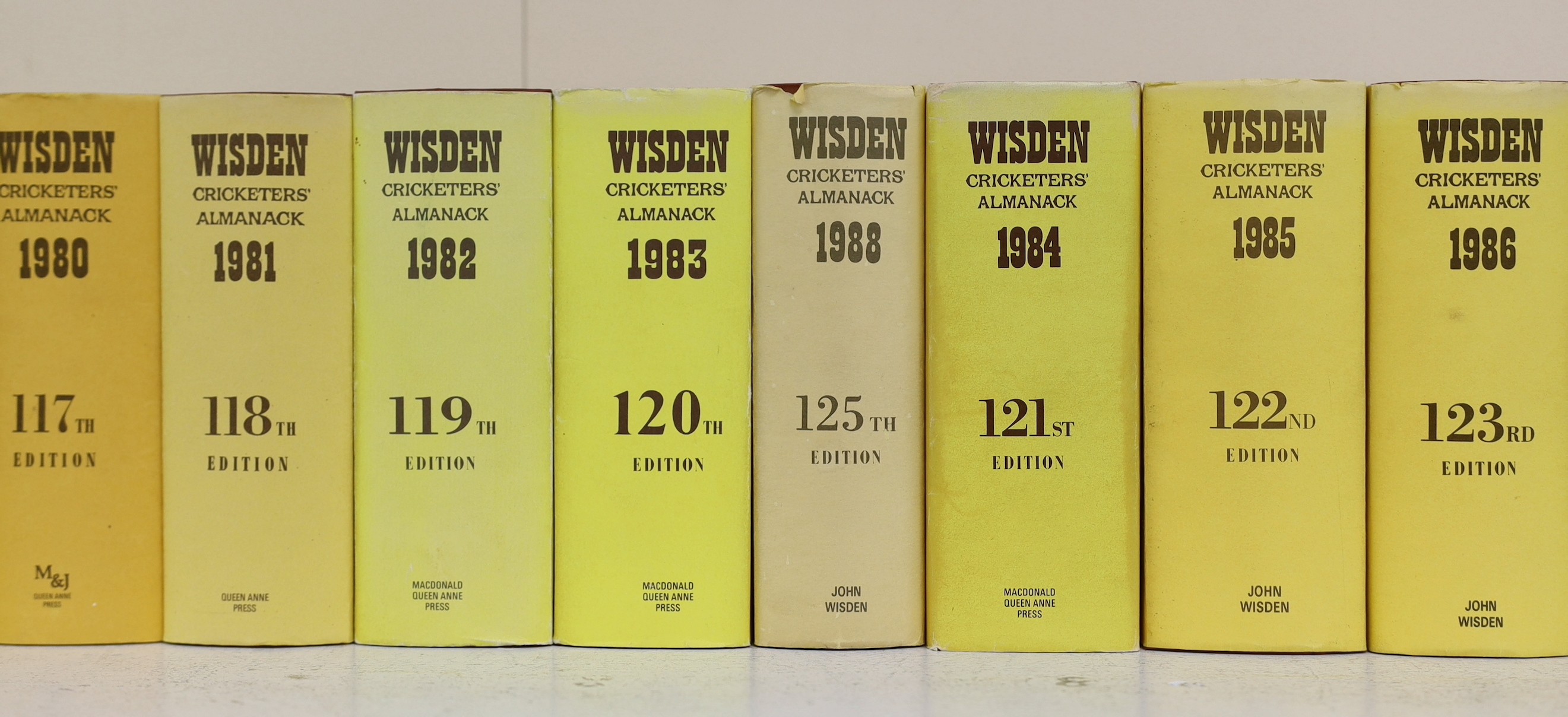 Wisden, John - Cricketers Almanack for the years 1975 (112th edition) - 2018 (155th edition), all hardbacks, with unclipped dust jackets. Together with - An Index to Wisden Cricketers’ Almanack 1864-1984 and Wisden ‘’Wha